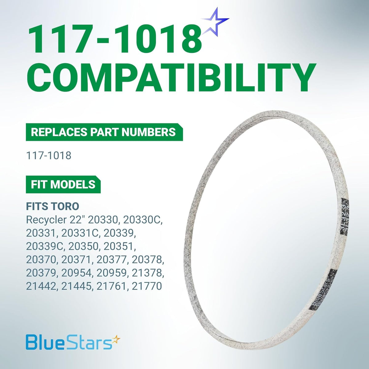 117-1018 drive belt for Toro Recycler lawn mowers with compatibility chart showing fit models and part number.