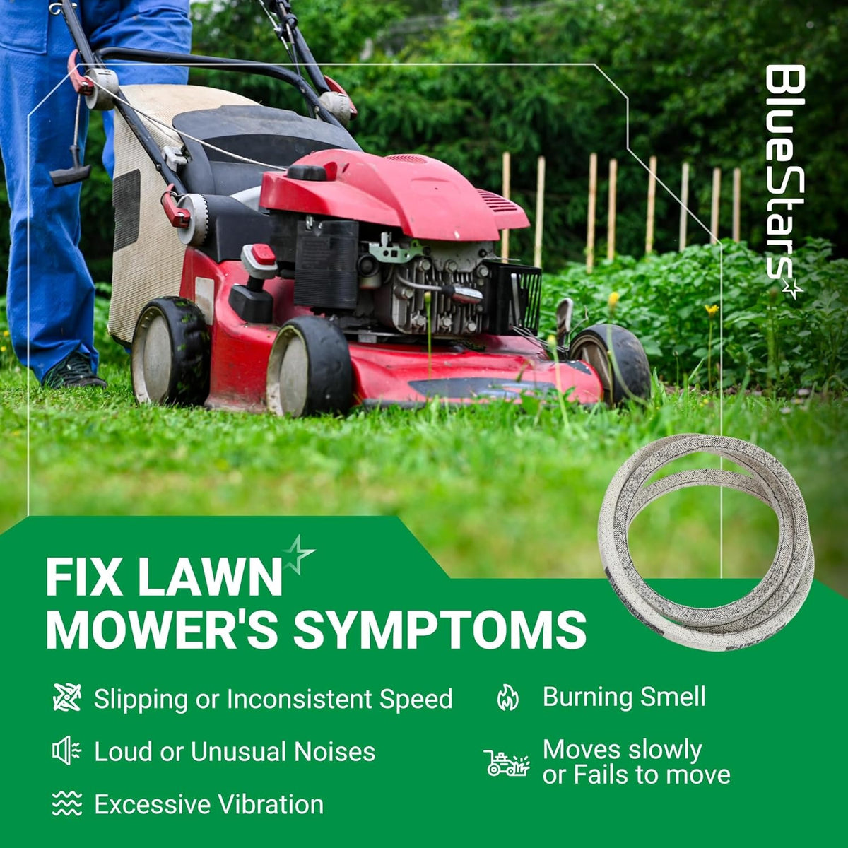 117-1018 drive belt for Toro Recycler lawn mowers shown with symptoms of a worn belt on a red mower.