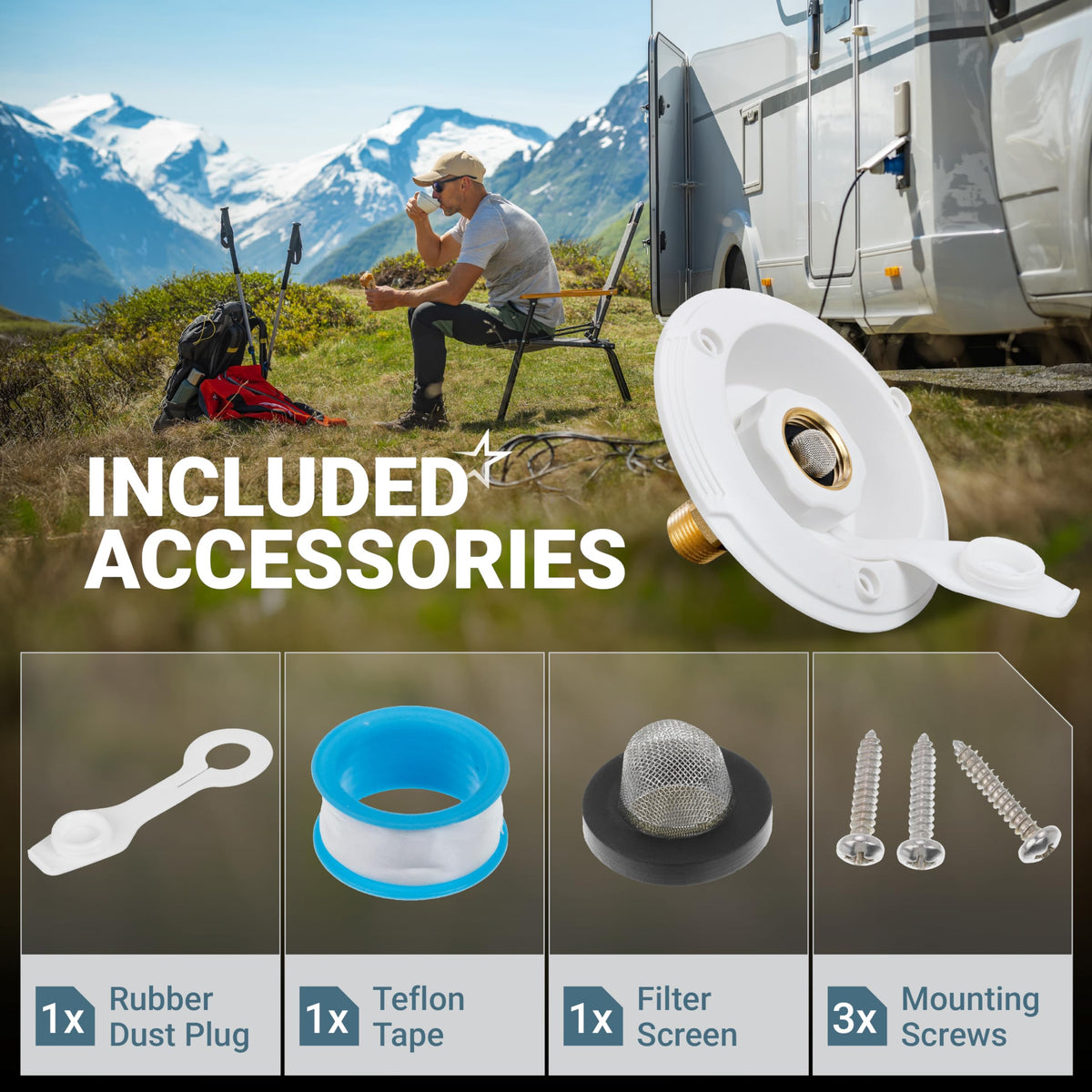 RV city water inlet kit with dust plug, Teflon tape, filter screen, and mounting screws.