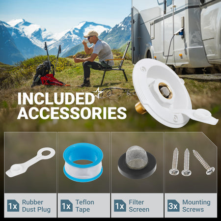 RV city water inlet kit with dust plug, Teflon tape, filter screen, and mounting screws.
