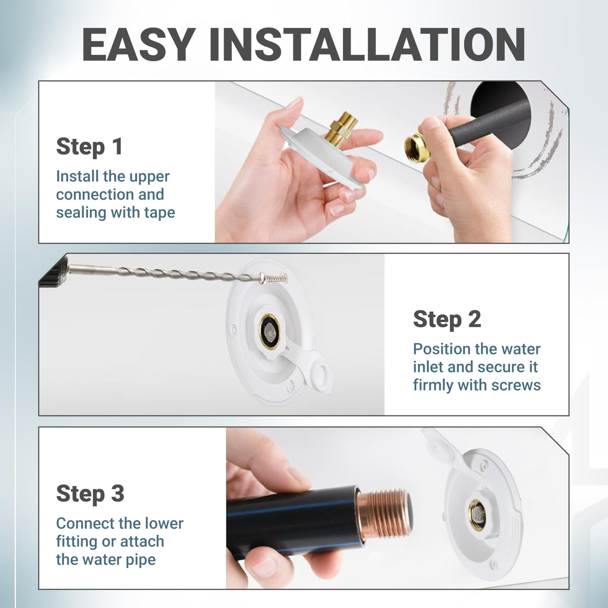Three-step installation guide for RV city water inlet with check valve showing connection and mounting process.