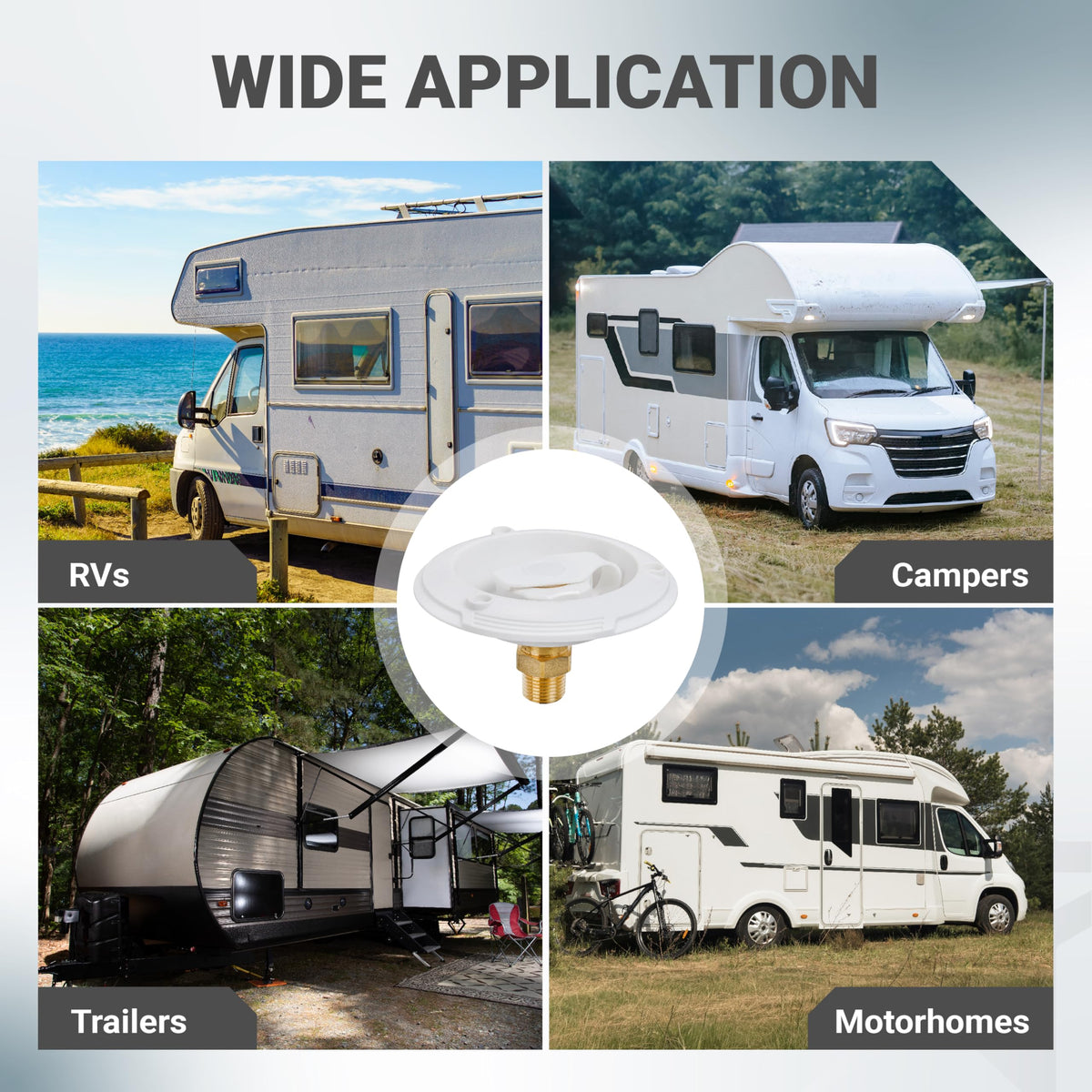 RV city water inlet with check valve shown in a collage of various RV, camper, and motorhome applications.