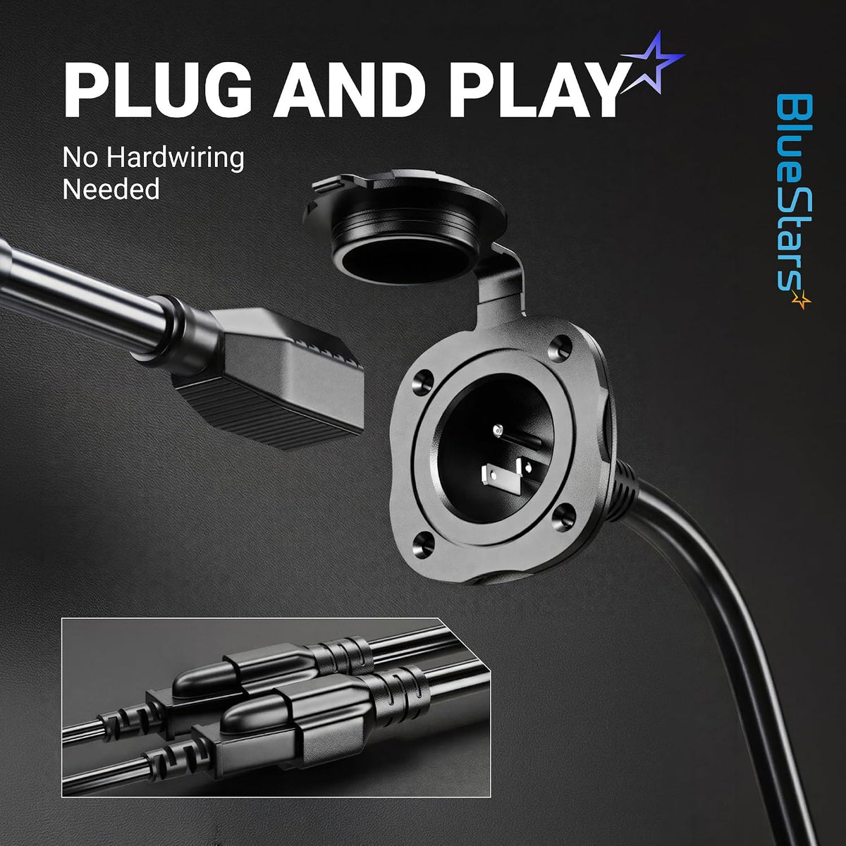 20A 125V AC Port Plug 12 AWG 5-in-1 T-Blade Adapter shown with open cap and cable connectors
