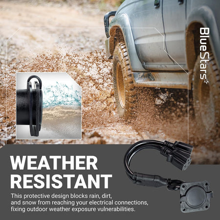 20A 125V AC Port Plug 12 AWG 5-in-1 T-Blade Adapter shown with weather-resistant outdoor protection graphic