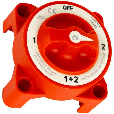 Top-down view of 350A 9002E e-Series 4-position battery selector switch in red.