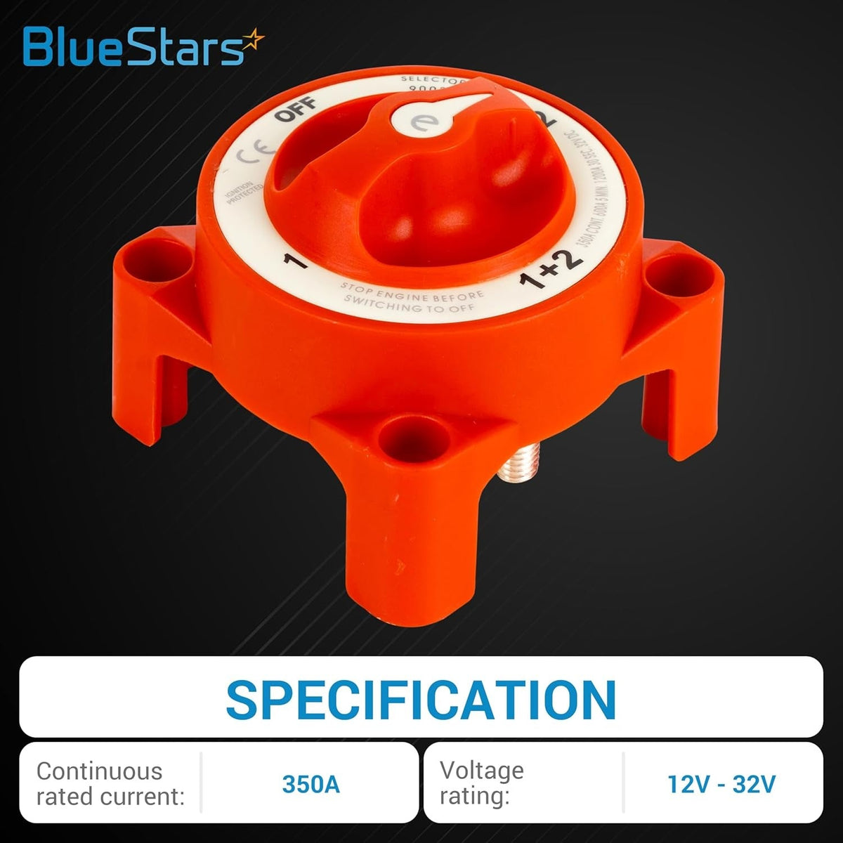 Orange 350A e-Series 4-position battery selector switch with specification chart.