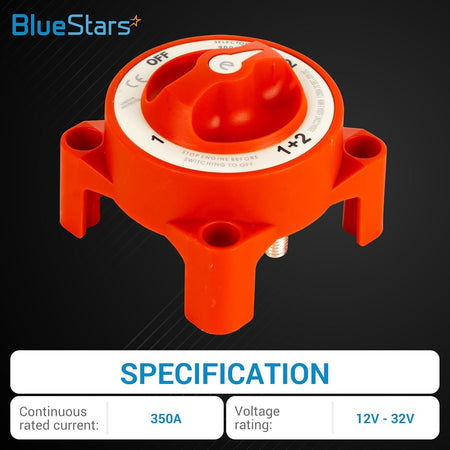 Orange 350A e-Series 4-position battery selector switch with specification chart.