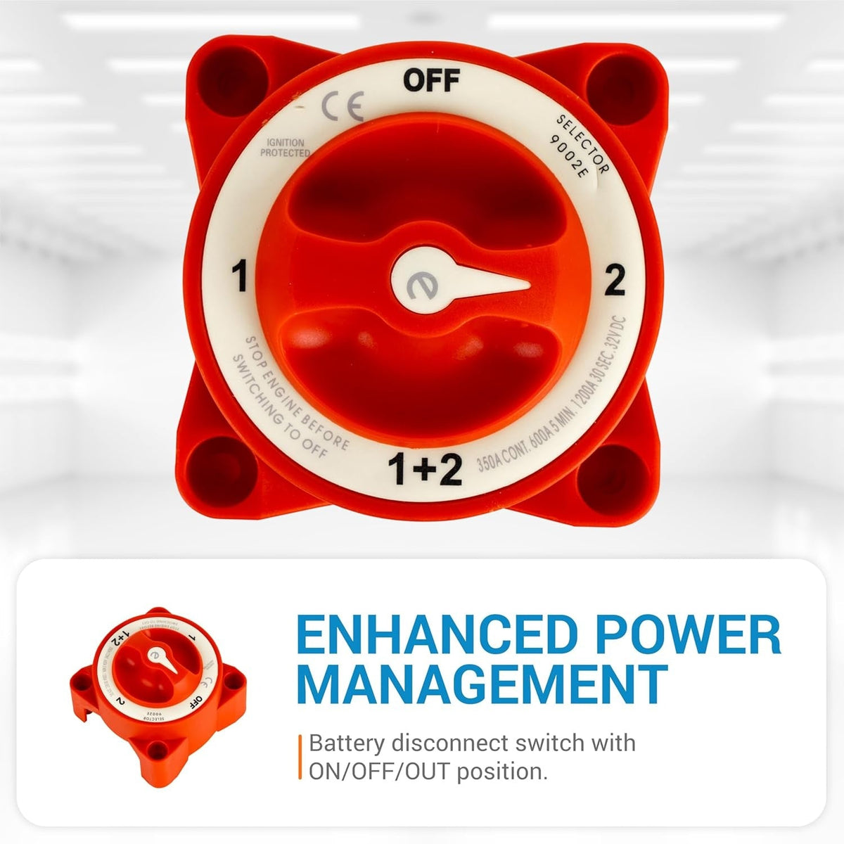 Top-down view of 350A e-Series 9002E 4-position battery selector switch with OFF, 1, 2, and 1+2 settings.