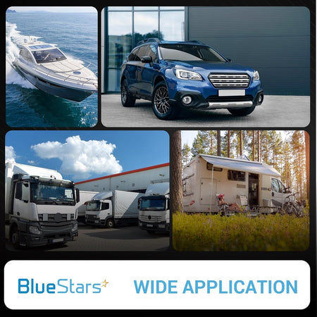 Collage showing wide application of 350A e-Series battery switch for boats, cars, trucks, and RVs.