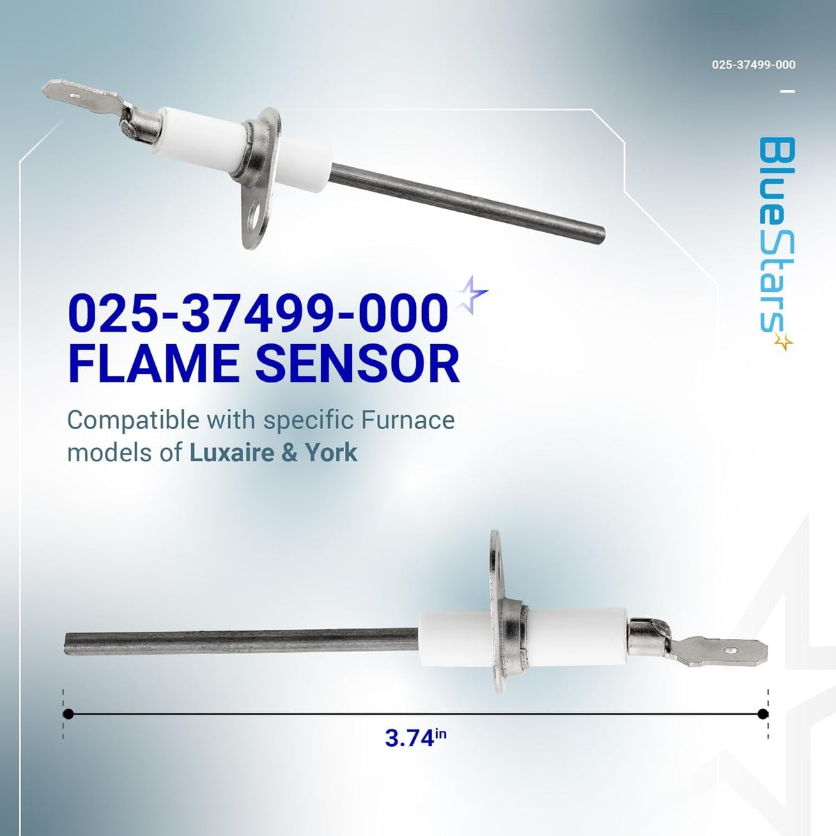025-37499-000 gas furnace flame sensor showing two angles and 3.74-inch length measurement.