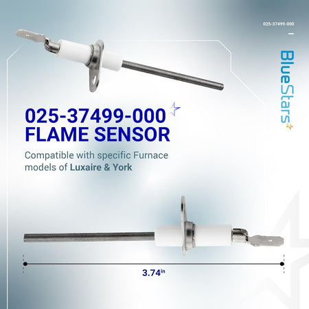 025-37499-000 gas furnace flame sensor showing two angles and 3.74-inch length measurement.