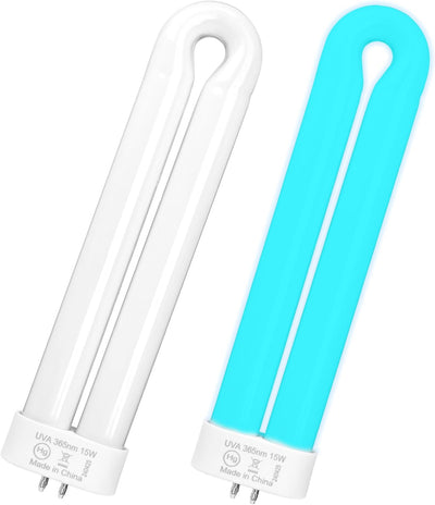 Two FUL15W 15W UVA 365nm black light bulbs, one unlit and one glowing blue.