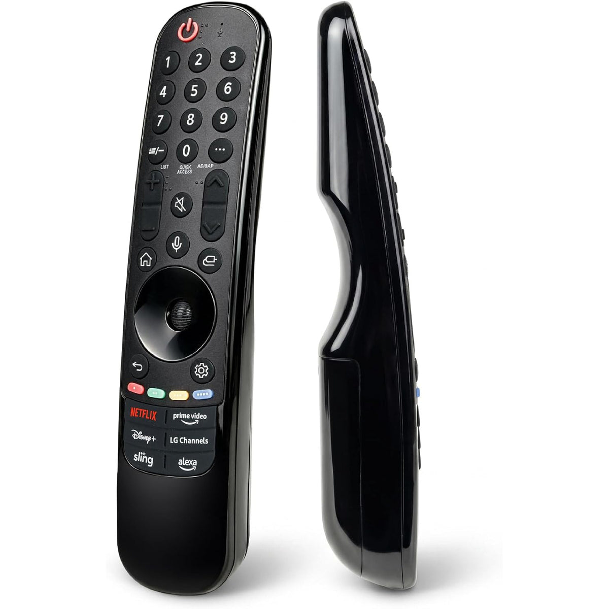MR23GA Voice Magic Remote, front and side views showing buttons and slim black housing