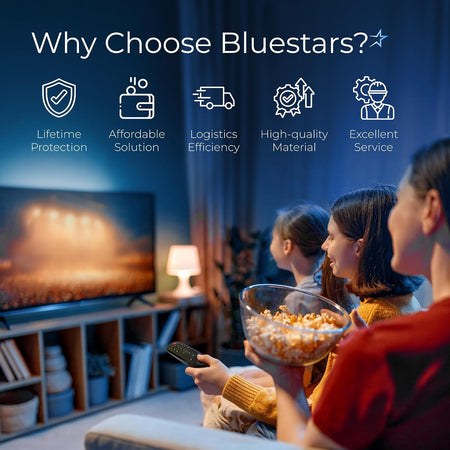 MR23GA Voice Magic Remote marketing graphic showing a family watching TV, with remote and Bluestars service benefits
