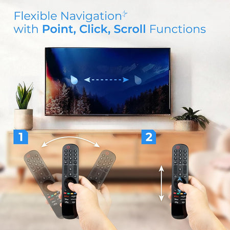 MR23GA Voice Magic Remote graphic showing point, click, and scroll navigation with a TV and remote