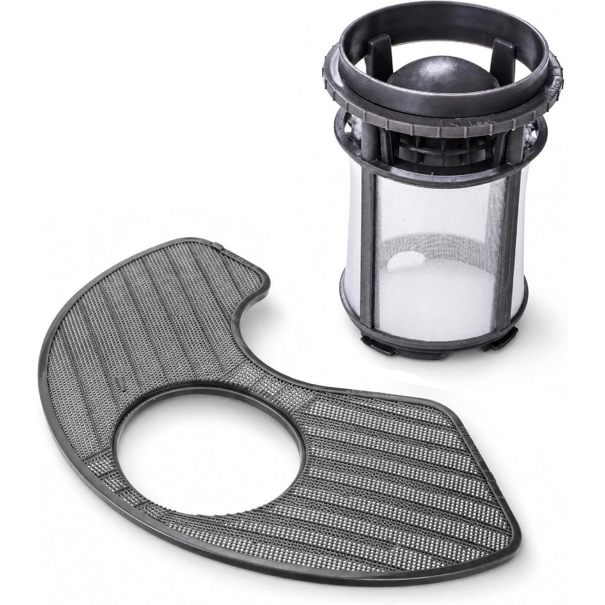 W10872845 Dishwasher Pump Filter Cup & WPW10463906 Screen Filter, front view of both filters