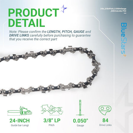 Infographic showing 24-inch chainsaw chain specifications including 3/8-inch LP pitch, 0.050-inch gauge, and 84 drive links.