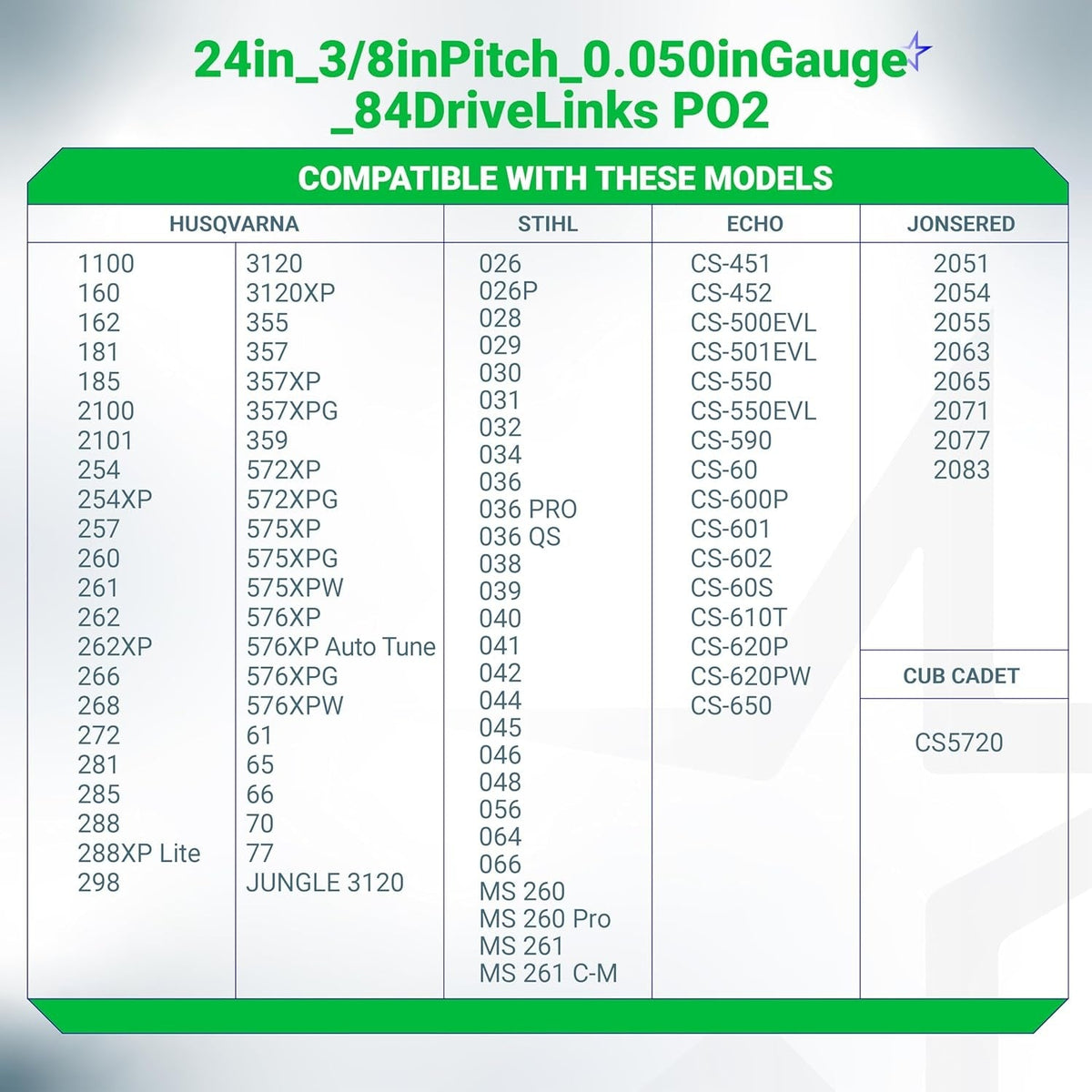 Compatibility chart for 24-inch chainsaw chain with 3/8-inch pitch, 0.050-inch gauge, and 84 drive links.