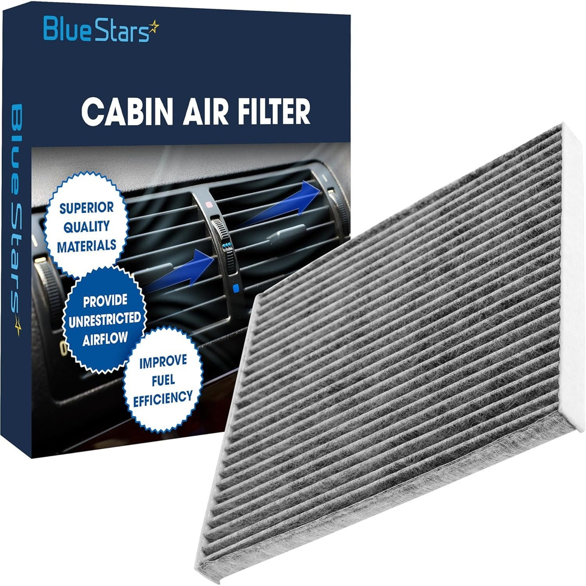 Blue Stars activated carbon cabin air filter next to its branded product packaging box.