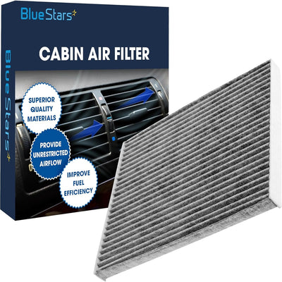 Blue Stars activated carbon cabin air filter next to its branded product packaging box.