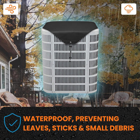 28x28 inch waterproof 600D Oxford central air conditioner cover installed on an outdoor AC unit.