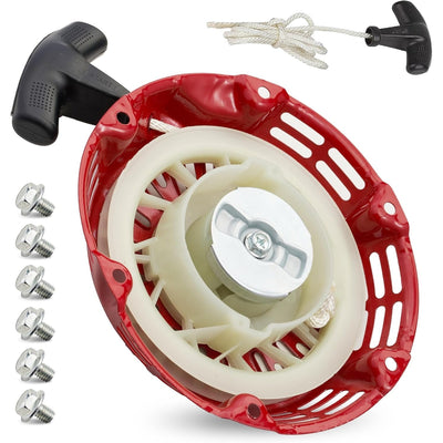 Red 212cc pull start recoil starter assembly with mounting bolts for Predator OHV engines.