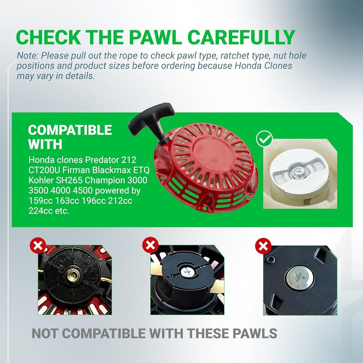 Comparison chart showing compatible vs incompatible pawl types for 212cc recoil starter engines.