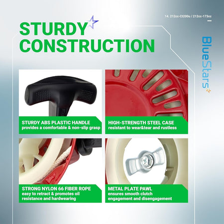 Infographic showing construction details of 212cc recoil starter including handle, steel case, nylon rope, and metal pawl.