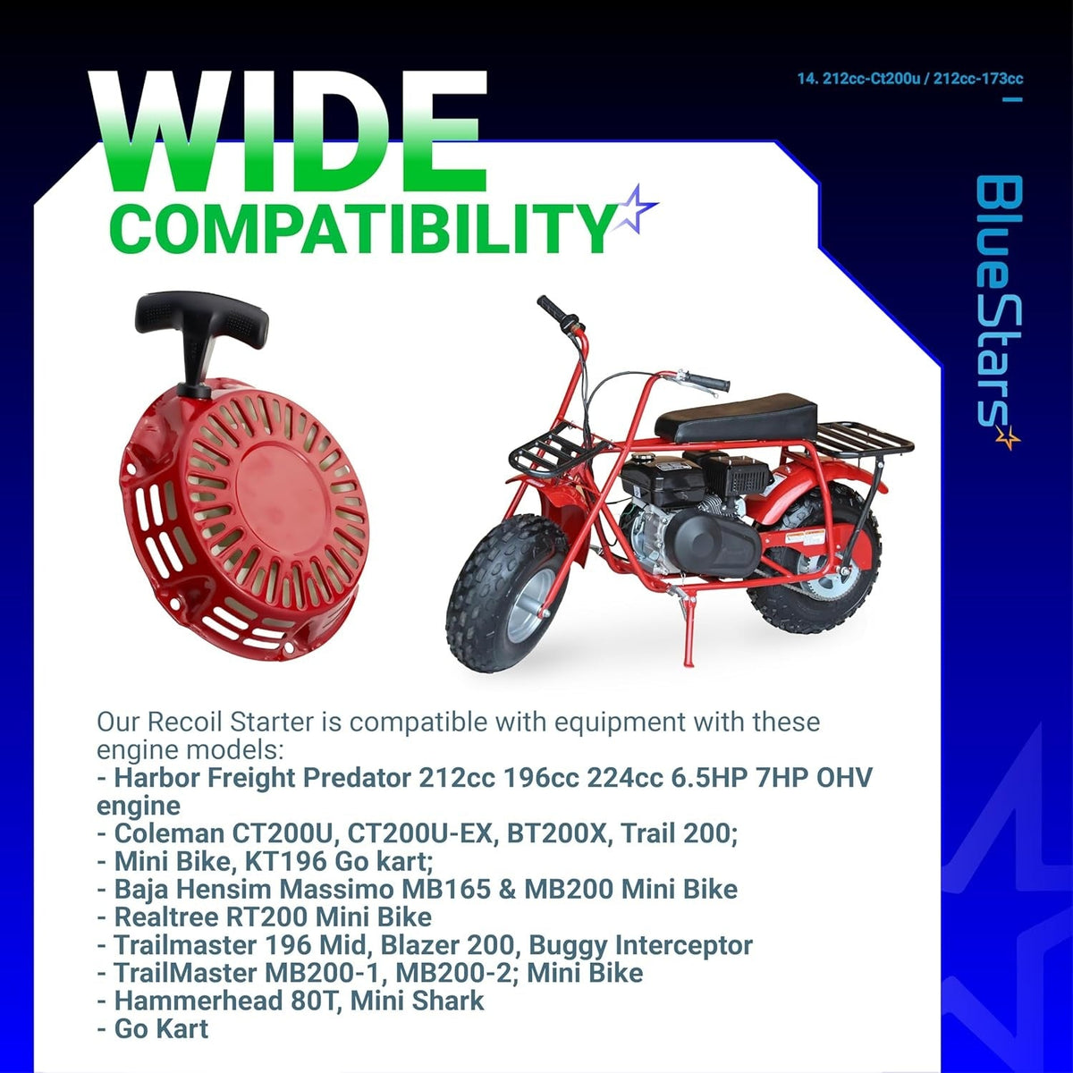 212cc pull start recoil starter for Predator engines and mini bikes with compatibility list infographic.