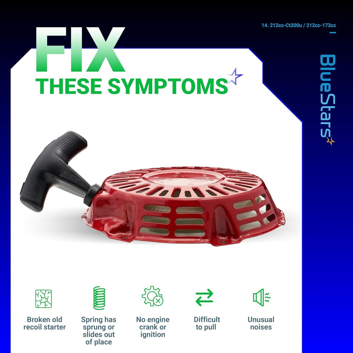 Red 212cc pull start recoil starter for Predator engines with infographic showing common repair symptoms.