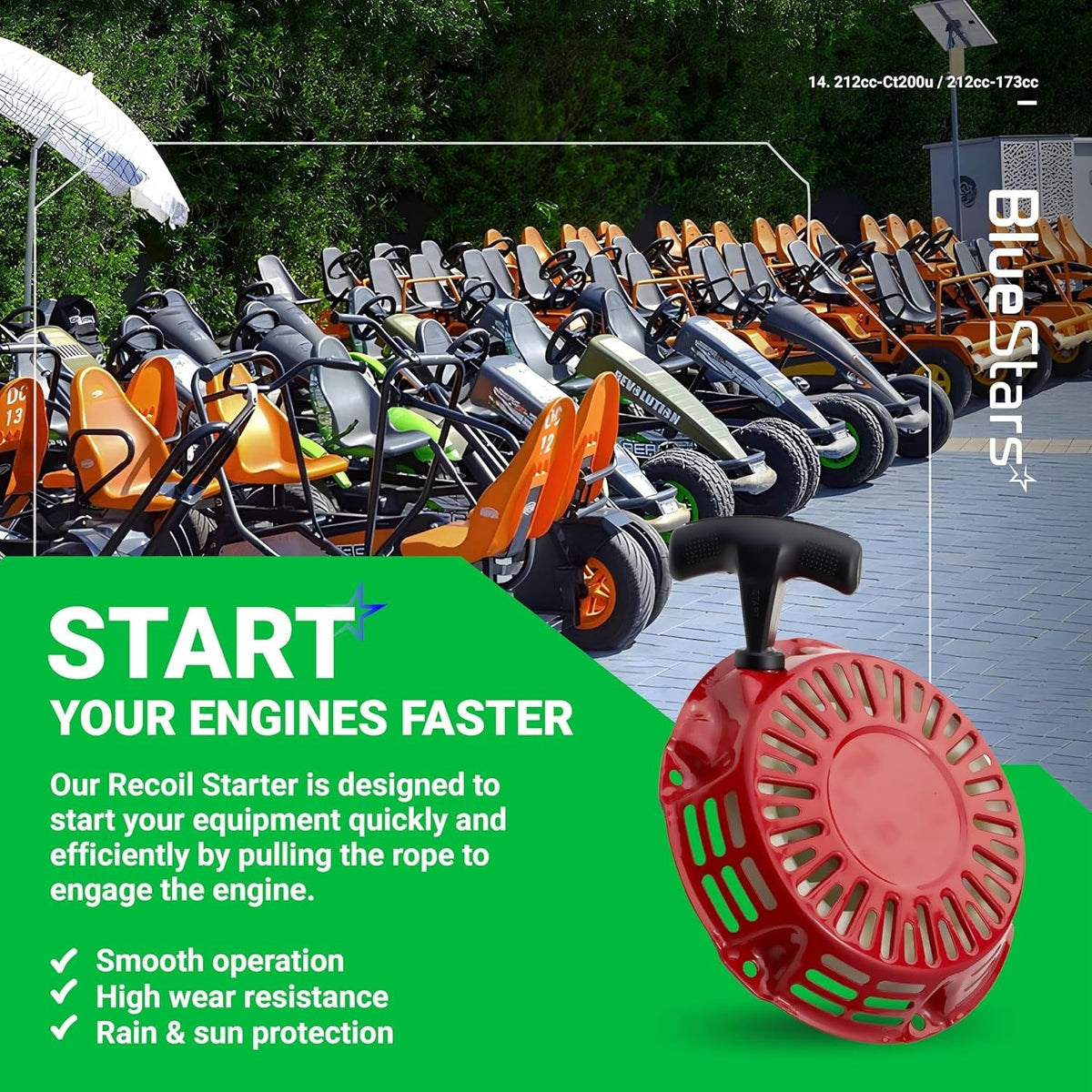 Red 212cc pull start recoil starter for Predator engines with go-kart background graphic.
