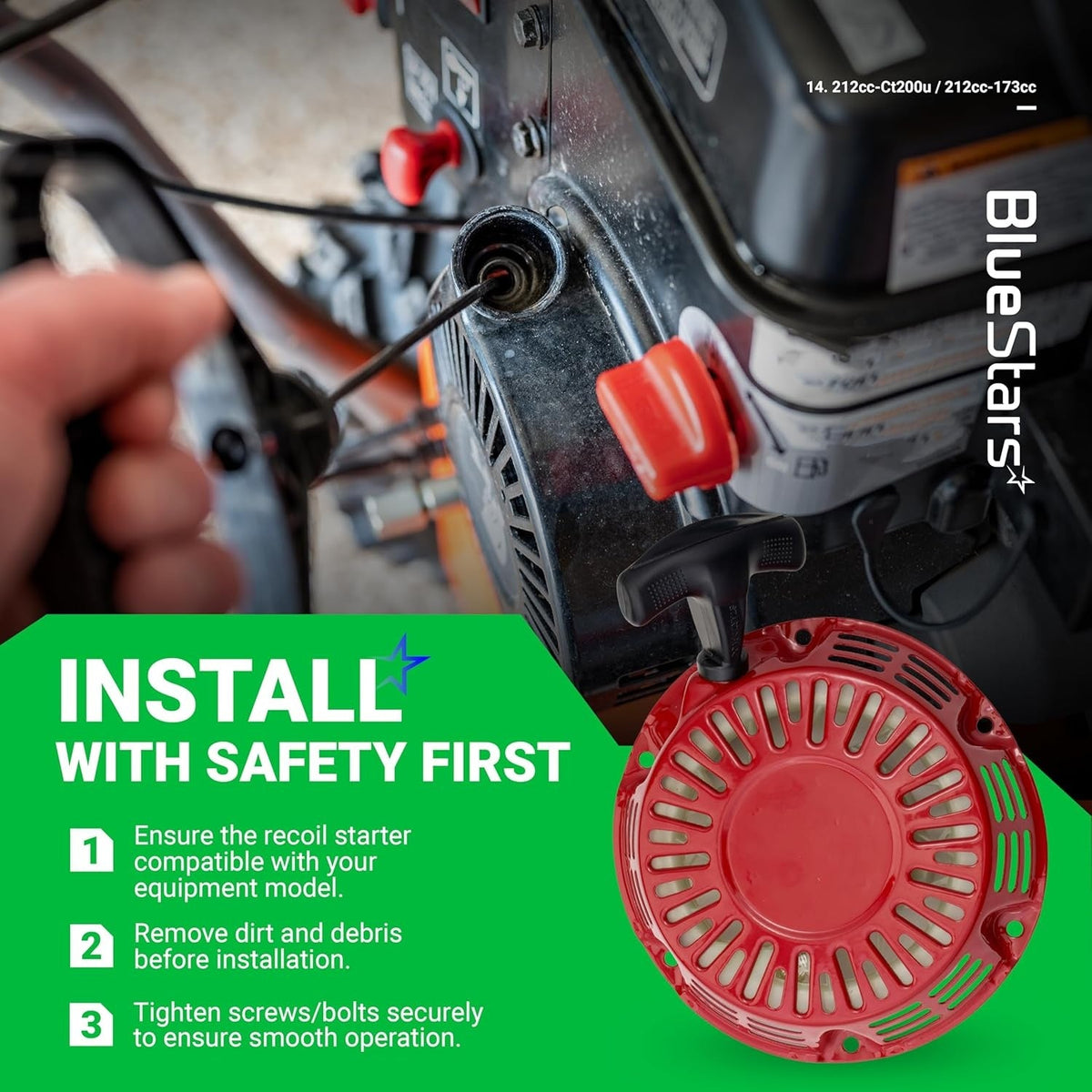 Red pull start recoil starter for 212cc Predator engines with installation safety instructions.