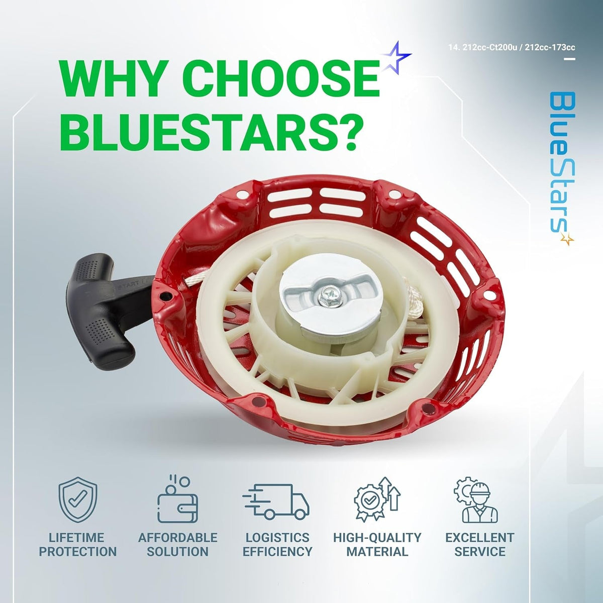 Red 212CC pull start recoil starter assembly for Predator engines with BlueStars branding and service icons.