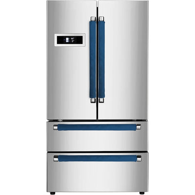 Blue refrigerator door handle covers installed on a stainless steel French door refrigerator.