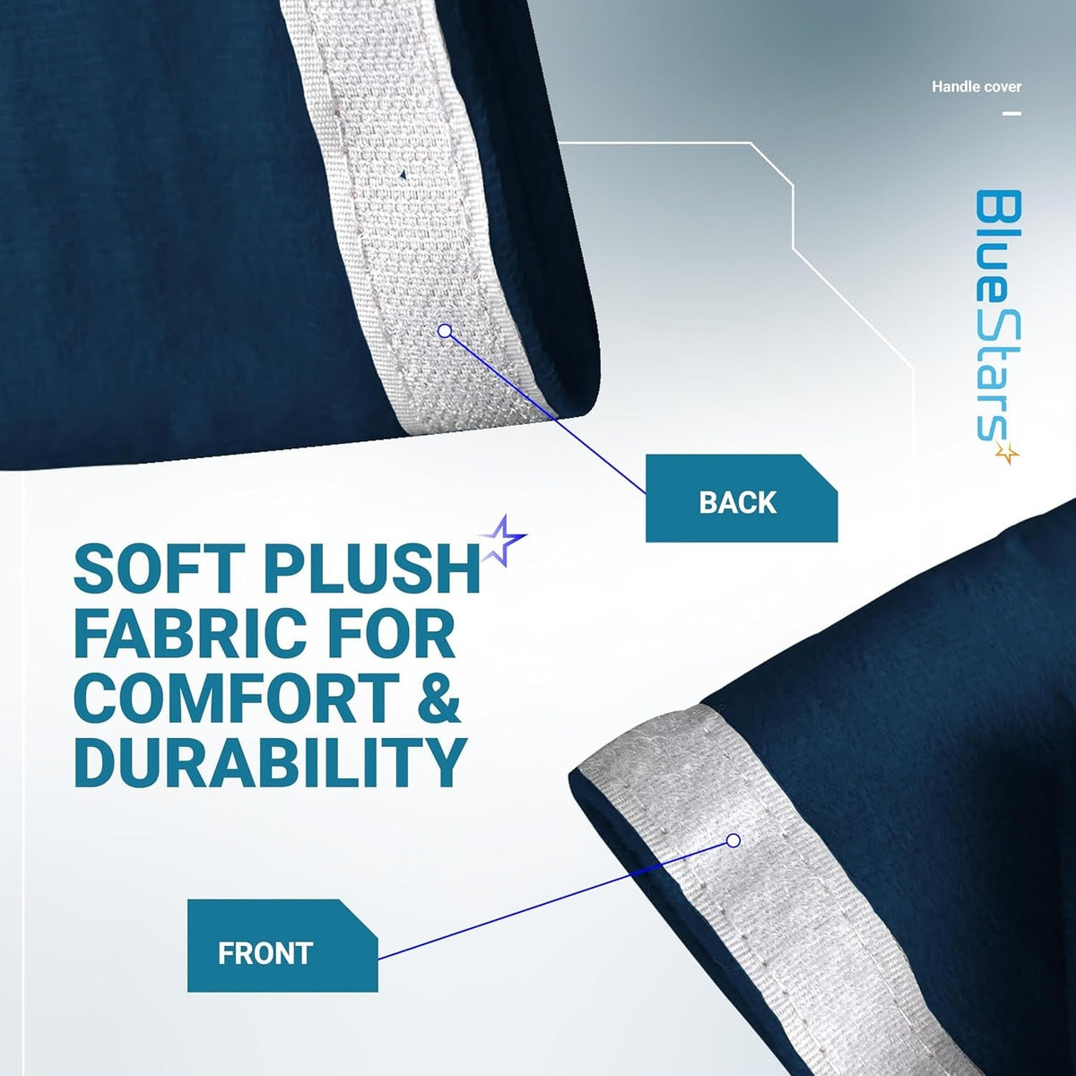 Close-up of blue refrigerator door handle cover showing soft plush fabric texture on the front and back hook-and-loop strip.
