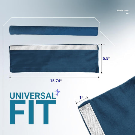 Blue refrigerator door handle cover showing 15.74x5.5 inch dimensions and universal fit design.