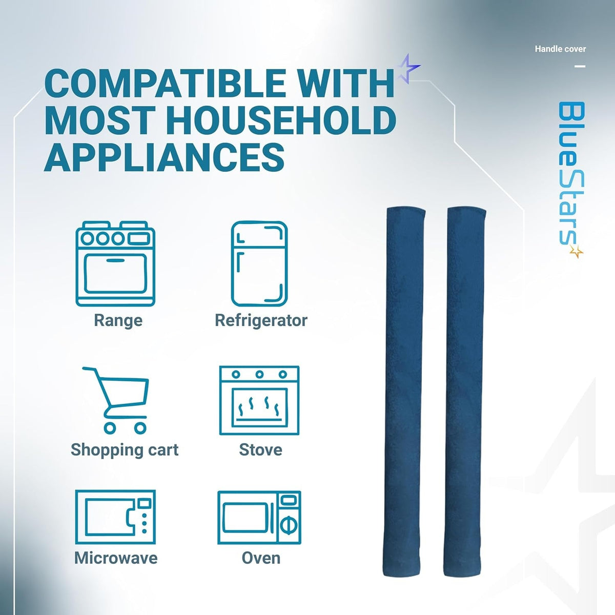 Infographic showing two blue refrigerator door handle covers compatible with various household appliances.