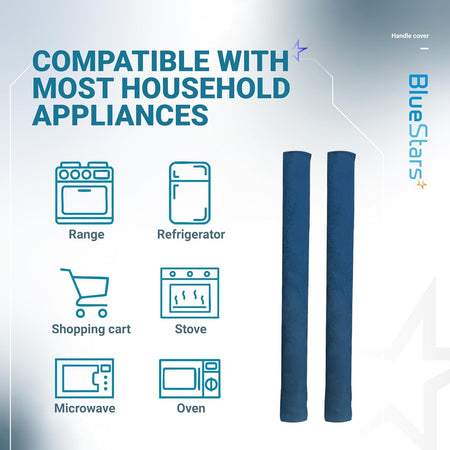 Infographic showing two blue refrigerator door handle covers compatible with various household appliances.