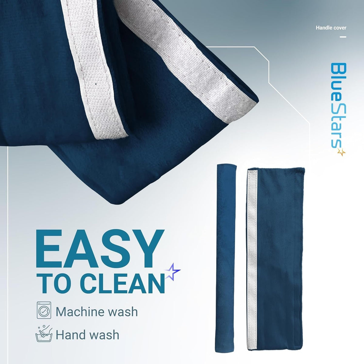 Blue refrigerator door handle covers with Velcro strips, showing easy-to-clean machine and hand wash features.