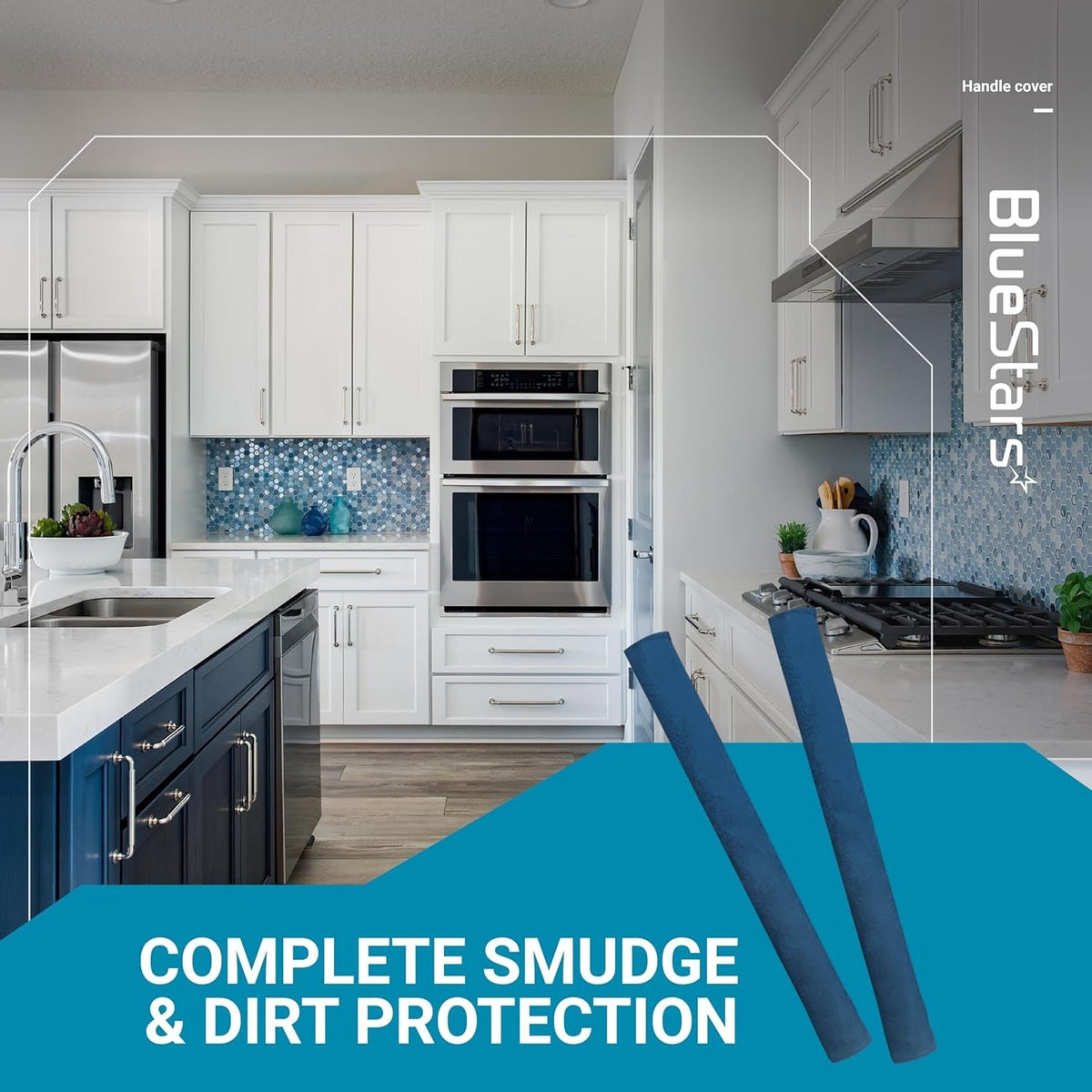 Two blue refrigerator door handle covers displayed against a modern kitchen background.
