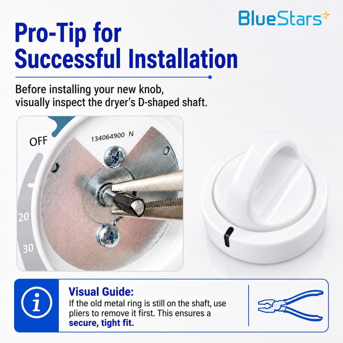 131873500 Dryer Timer Knob Switch Replacement, installation guide showing D-shaped shaft inspection and white knob