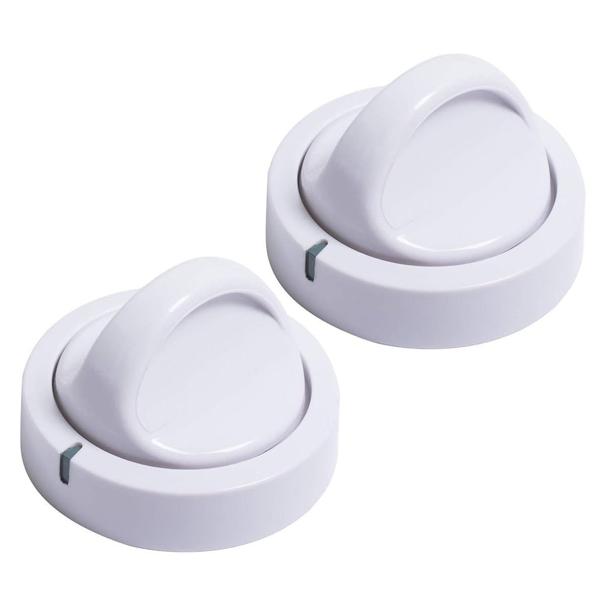 Two white replacement dryer timer knobs for Frigidaire dryers.