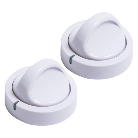 Two white replacement dryer timer knobs for Frigidaire dryers.