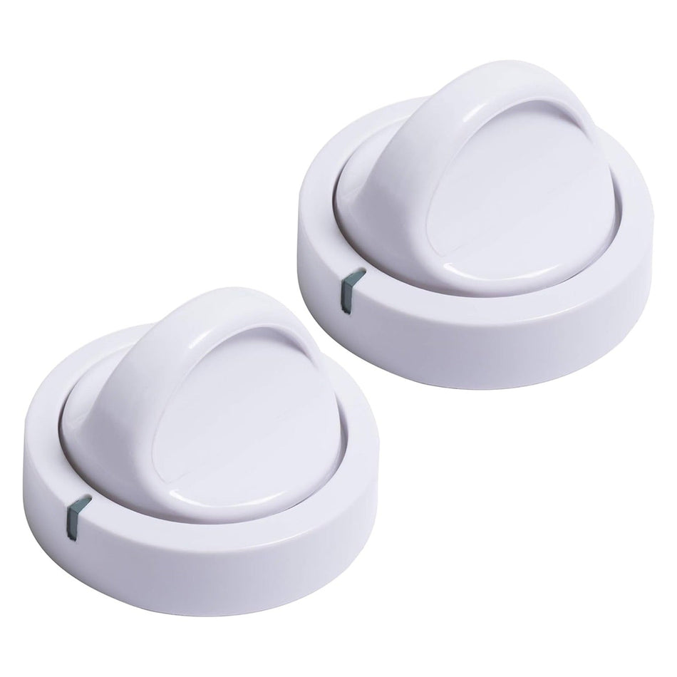Two white replacement dryer timer knobs for Frigidaire dryers.