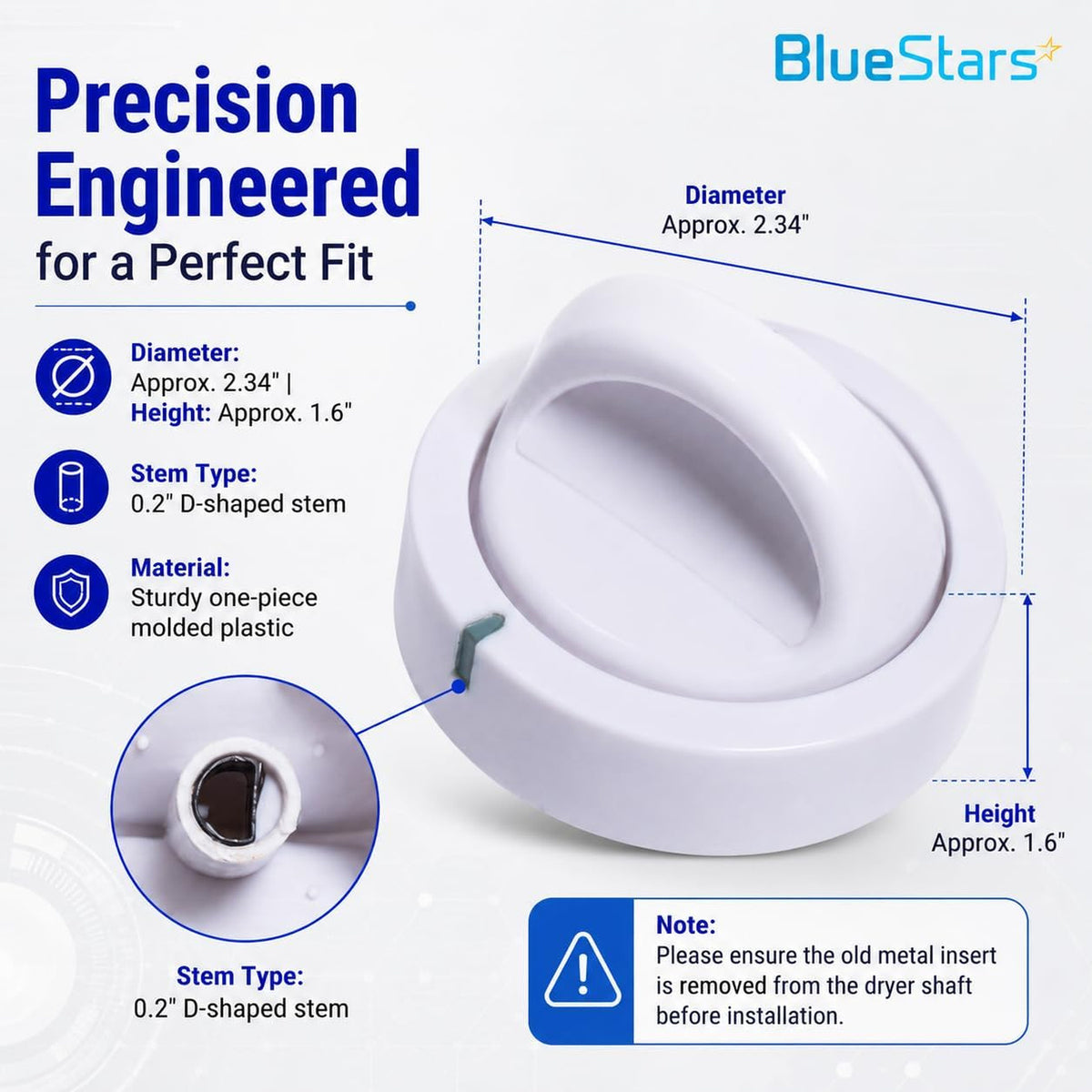 131873500 Dryer Timer Knob Switch dimensions diagram showing approx. 2.34-inch diameter, 1.6-inch height, and D-shaped stem
