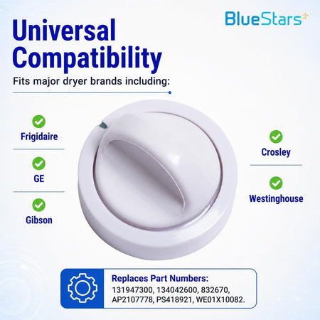131873500 Dryer Timer Knob Switch Replacement, compatibility graphic with white knob and listed dryer brands