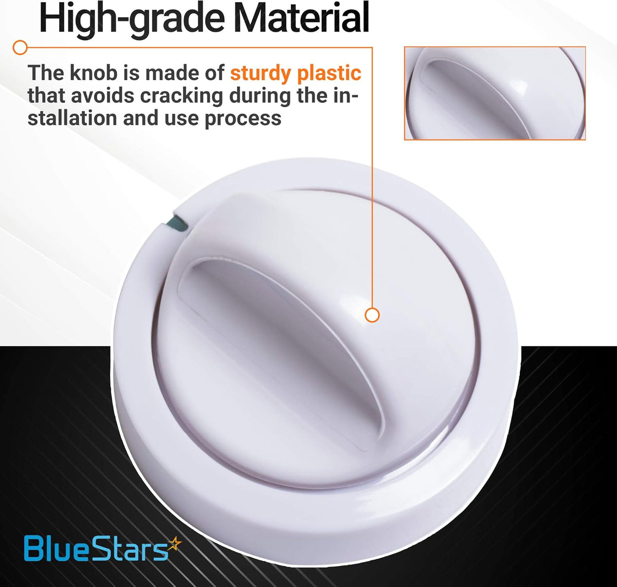 Close-up of white plastic Frigidaire dryer timer knob replacement showing durable material construction.