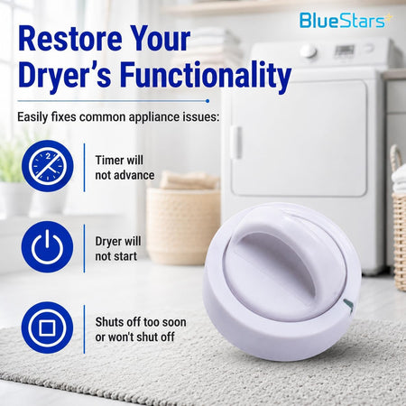 131873500 Dryer Timer Knob Switch Replacement, promotional graphic showing knob beside dryer and listed timer issues