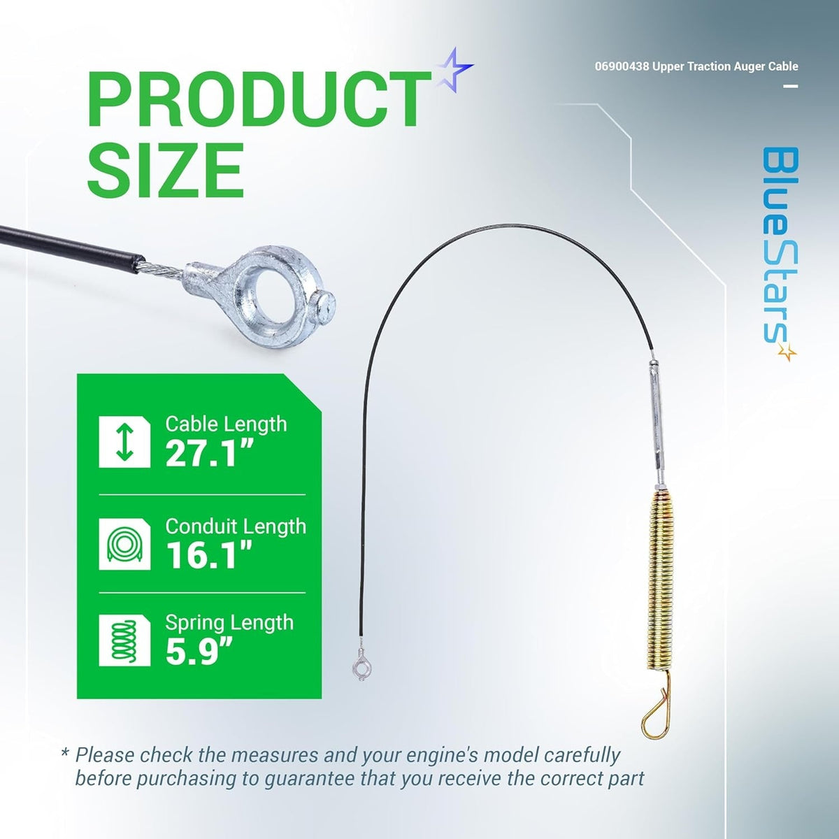06900438 Upper Traction Auger Cable showing product dimensions for cable, conduit, and spring length.