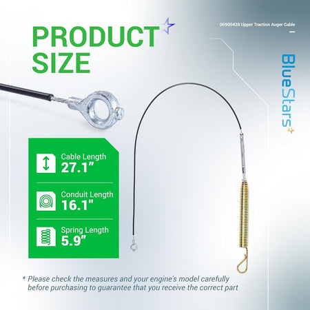 06900438 Upper Traction Auger Cable showing product dimensions for cable, conduit, and spring length.